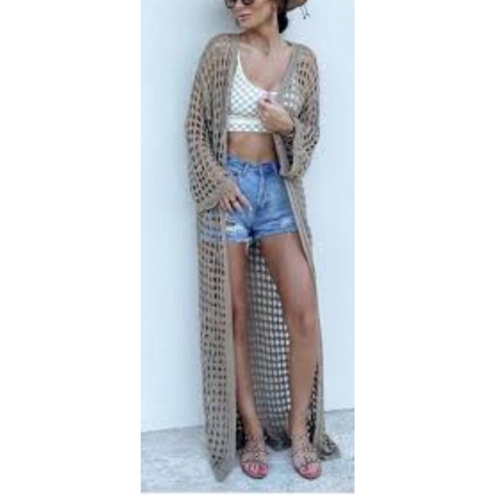 J Lux Label Cardigan Sweater L Khaki Taupe Crochet Knit Belt Long Duster Cover